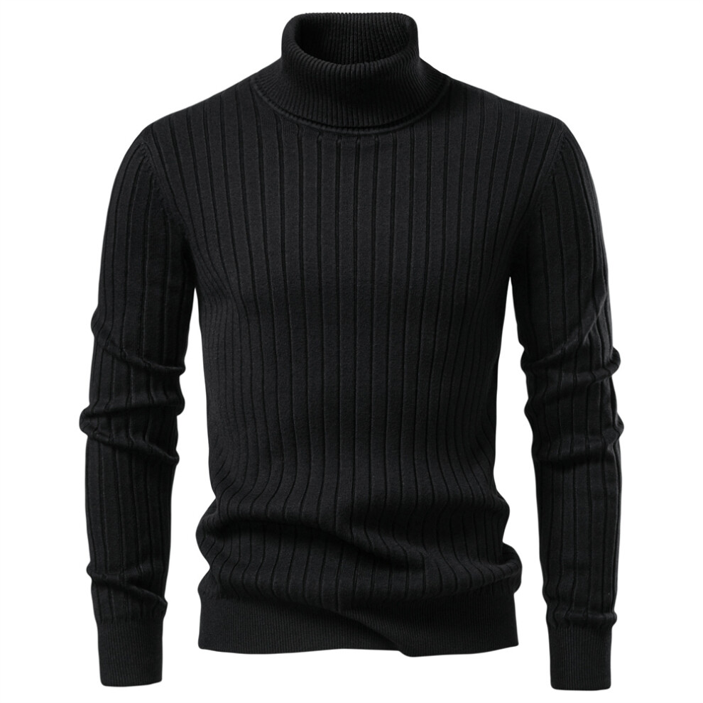 (High003-Black, XL) Trendy  Men's Turtleneck Sweater Solid Color with Striped Pullover Warm Knitwear Winter Basic Casual High Quality Sweater Male-image-OPC-PJMVPGK-NEW