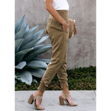 Pantalones casuales de tiro alto elásticos para mujer color caqui con dobladillo partido y bolsillos para gimnasio talla M