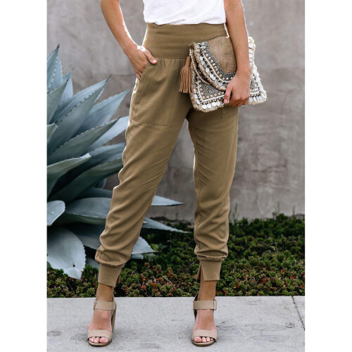Elastische High-Waist-Hose, Khaki L, 95% Polyester 2