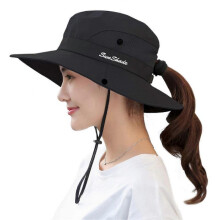 (Black)Women's Ponytail Hat UV Protection Foldable Mesh Wide Brim Beach Fishing Hat