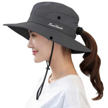 (Grey)Women's Ponytail Hat UV Protection Foldable Mesh Wide Brim Beach Fishing Hat