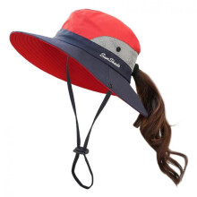 (Red)Women's Ponytail Hat UV Protection Foldable Mesh Wide Brim Beach Fishing Hat