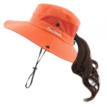 (Orange)Women's Ponytail Hat UV Protection Foldable Mesh Wide Brim Beach Fishing Hat