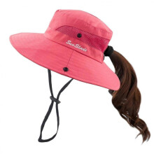 (Watermelon Red)Women's Ponytail Hat UV Protection Foldable Mesh Wide Brim Beach Fishing Hat