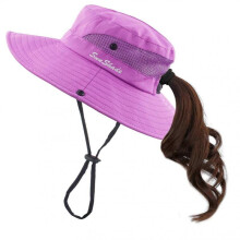 (Purple)Women's Ponytail Hat UV Protection Foldable Mesh Wide Brim Beach Fishing Hat