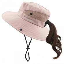 (Pink)Women's Ponytail Hat UV Protection Foldable Mesh Wide Brim Beach Fishing Hat