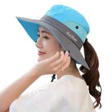 (Blue 01)Women's Ponytail Hat UV Protection Foldable Mesh Wide Brim Beach Fishing Hat