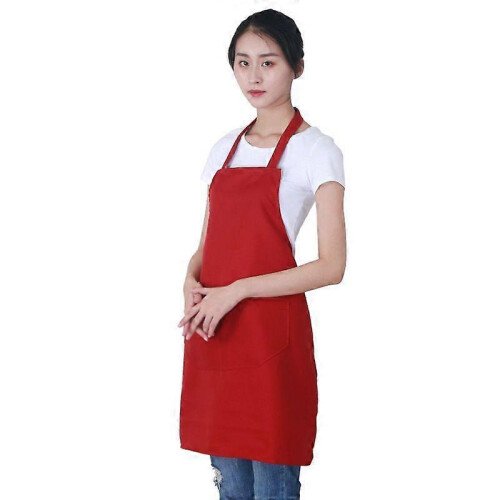 (Red 2)12 Pack Plain Bib Aprons With 2 Pockets - Black Unisex Commercial Apron Bulk