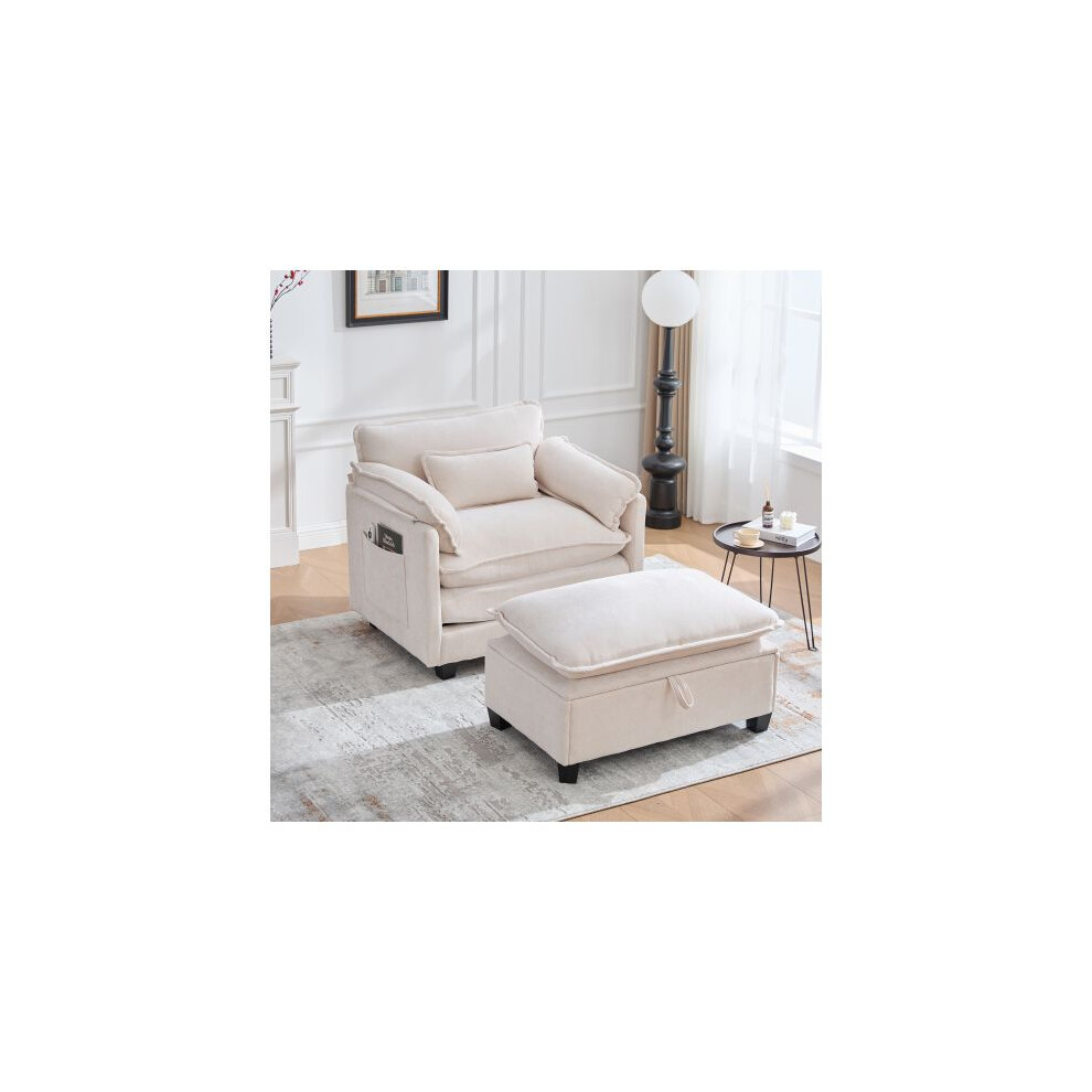 Fauteuil moderne surdimensionné avec repose-pieds et pouf, chaise longue en velours avec poches latérales et coussins
