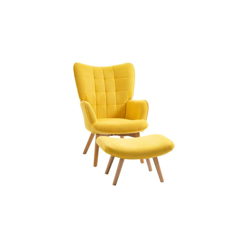 Fauteuil à oreilles - MUVOE - Jaune - Velours côtelé - Avec pouf - Design contemporain