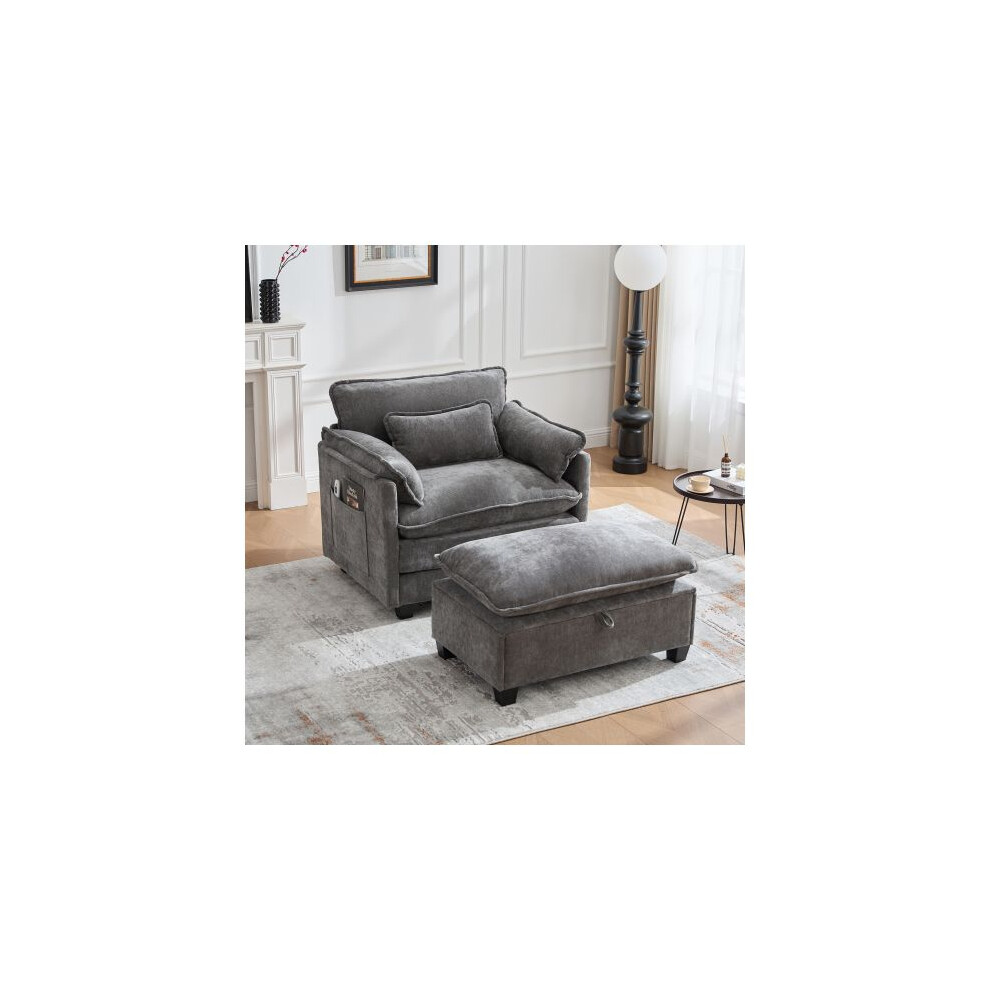 Fauteuil moderne surdimensionné avec repose-pieds et pouf, chaise longue avec poches latérales et coussins