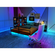 Parco nero con supporto regolabile, illuminazione LED e cesto di stoccaggio sotto il letto.