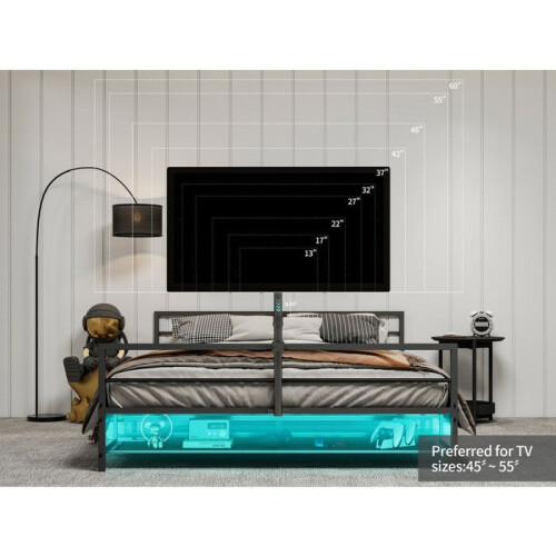 Parc noir avec support réglable, éclairage LED et panier de rangement sous le lit. 1