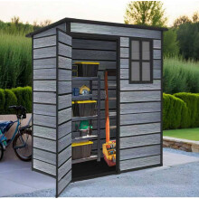 (Pent 5X3FT) Plastic Garden Shed with Floor Lockable Wood Grain