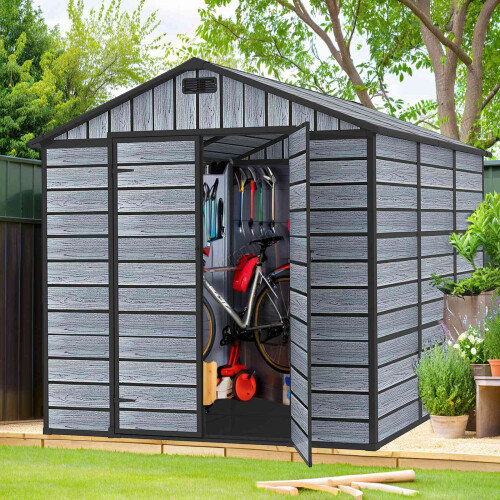 (Apex 8X6FT) Plastic Garden Shed with Floor Lockable Wood Grain
