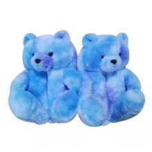 (Blue Multicolor, Adult37-41=Foot Length23.5-25.5cm) Fuzzy Bear Teddy Slippers Women Kids Winter Indoor Nonslip Thick Home Sole Xmas