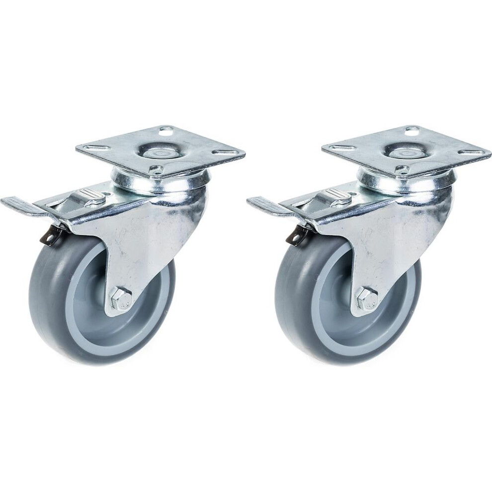 75Mm 3" Castor Grey Rubber Tyre, Swivel With Brake, 120Kg Capacity, Set Of 2 5056116820266