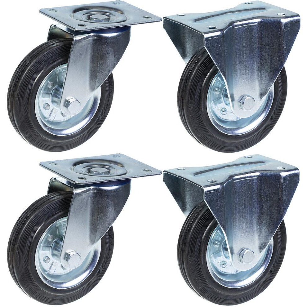 200Mm 8" Castor Rubber Tyre, Swivel & Fixed, Strong 800Kg Capacity, Set Of 4 5056116820396