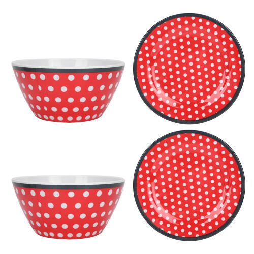 4Pcs Salad Dish Set Red Dots Imitation Porcelain