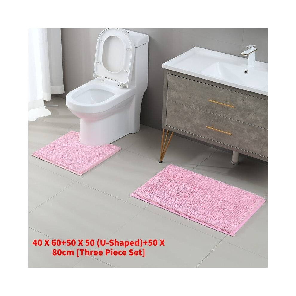 (Pink)Tapis en laine mode confortable simple toilette salle de bain absorbant ensemble de trois pièces