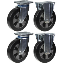 200mm 8" ruedas de goma negra giratorias y fijas, capacidad 1800kg, juego de 4