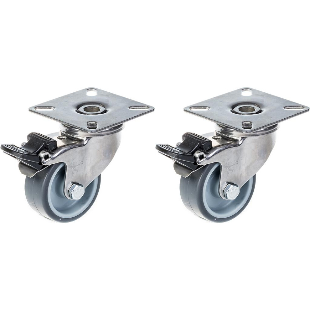 50Mm 2" Stainless Steel Castor Grey Rubber, Swivel With Brake, 80Kg, Set Of 2 5056116828637