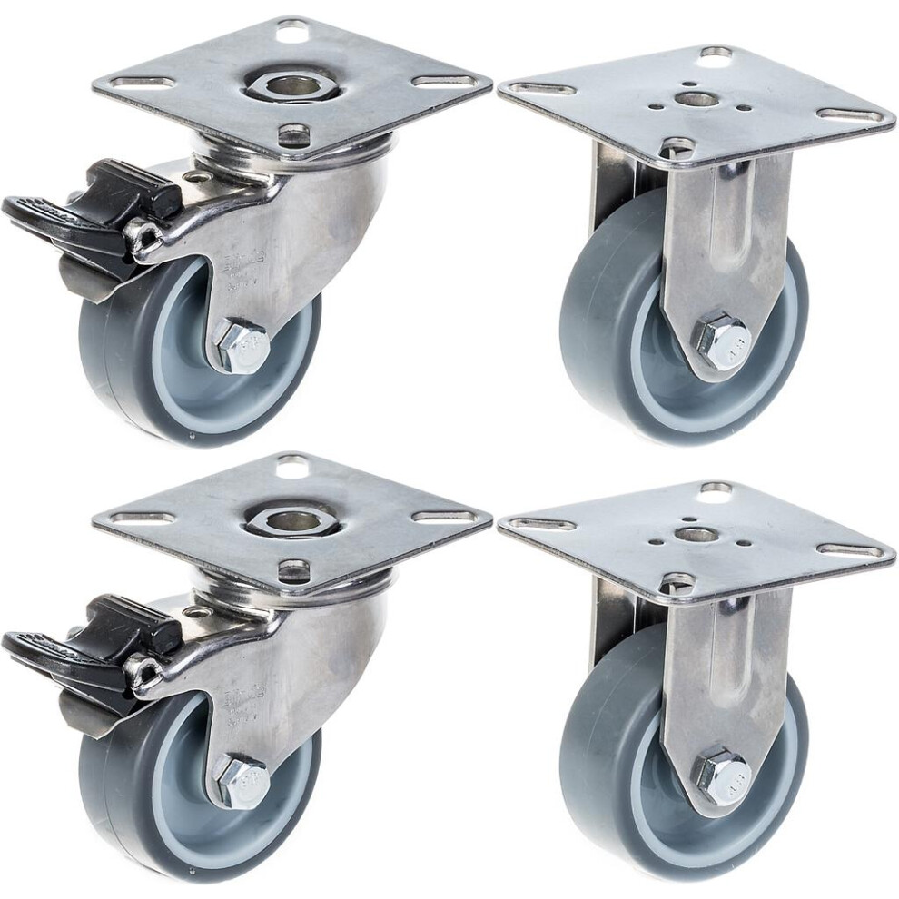 50Mm 2" Stainless Steel Castor Grey Rubber, Brake & Fixed, 160Kg, Set Of 4 5056116828675