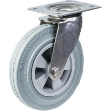 Roulettes pivotantes en acier inoxydable 200 mm, roue caoutchouc gris, plaque supérieure, capacité 205 kg