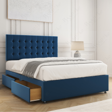 (Blue, 4ft Small Double) Isla Divan Bed Upholstered Velvet with 26" Headboard, Mattress & 2 Storage Drawers