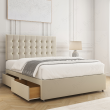 (Cream, 3ft Single) Isla Divan Bed Upholstered Velvet with 26" Headboard, Mattress & 2 Storage Drawers