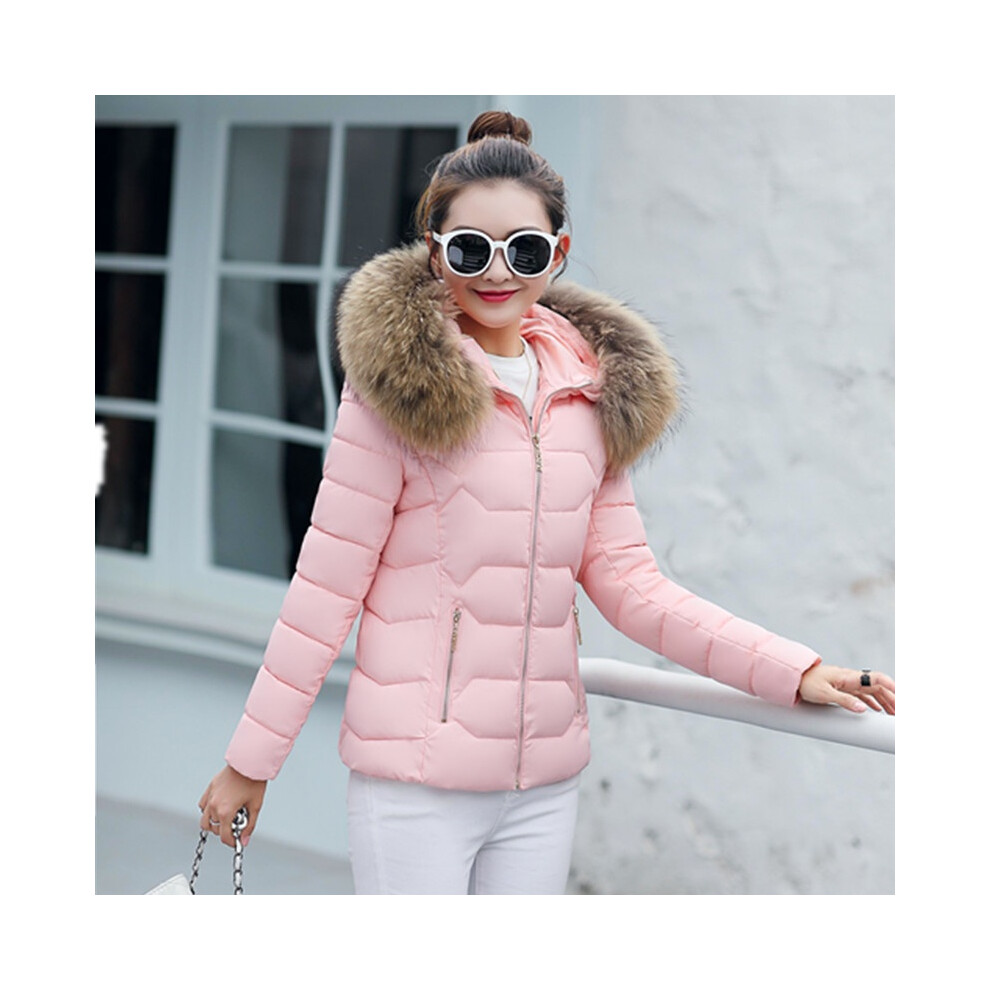 (Pink,M)Veste femme parka col fourrure à capuche manteau court slim matelassé outwear hiver