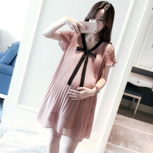 Weiche, atmungsaktive, elegante lockere Damen-Plissiertem Dress mit Schleife – Mutterschaftskleid für den Alltag, pink, Größe L