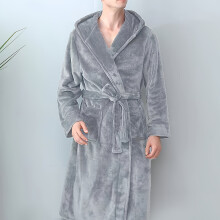 (Grey, 38) 1pc Polyester Knit Men's Casual Long Sleeve Hooded Robe with Belt, Regular Fit, Slight Stretch, Solid Color, Pockets for All Seasons