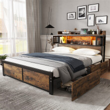 (Double Bed 135x190cm) Metal Storage Bed with RGB Lighting & USB Charging