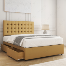 (Mustard, 4ft6" Double) Isla Divan Bed Upholstered Velvet with 26" Headboard, Mattress & 2 Storage Drawers