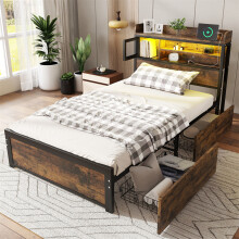 (Single Bed 90x190cm) Metal Storage Bed with RGB Lighting & USB Charging