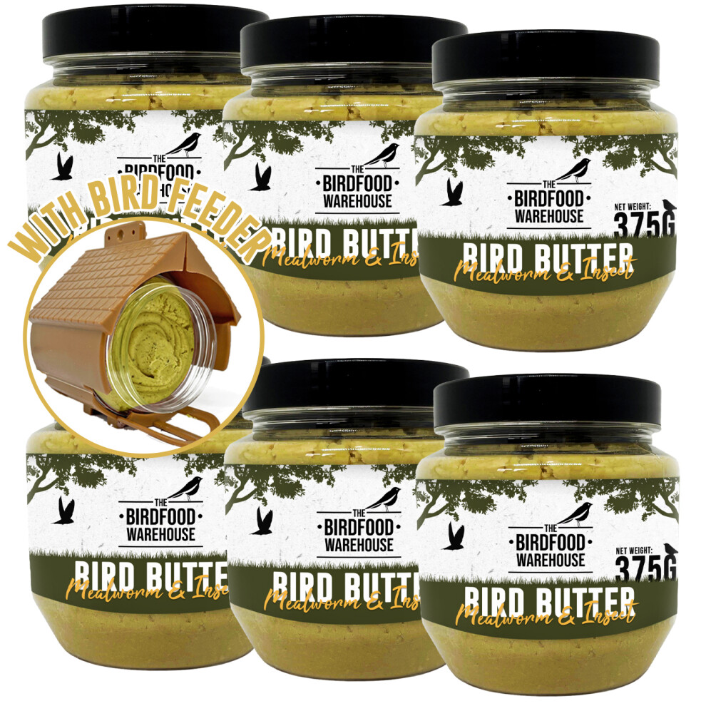 The Birdfood Warehouse (6 X 375G Jar With Feeder) Mealworm & Insect Suet Bird Butter - Wild Bird Food, Peanut Butter For Birds