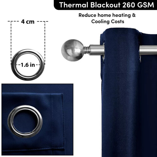 (NAVY, 66" Width x 54" Drop) Thermal Blackout Eyelet Ring Top Curtains Pair + Tie Back 2