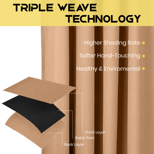 (BEIGE, 90" Width x 90" Drop) Thermal Blackout Eyelet Ring Top Curtains Pair + Tie Back 1
