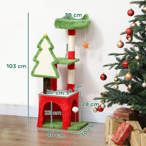 PawHut PawHut 103cm Christmas Cat Tower with Scratching Post and Board, Green 2