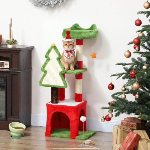 PawHut PawHut 103cm Christmas Cat Tower with Scratching Post and Board, Green
