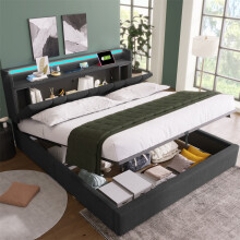 King Size Storage Bed with USB Ports, LED Lights & Wood Slats, Grey