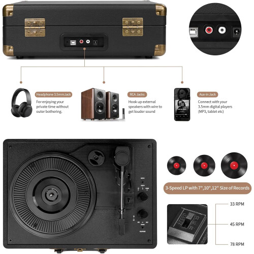 Mersoco Vinyl Record Player Bluetooth 3-Speed Portable Vintage Suitcase with Built-in Speakers 2