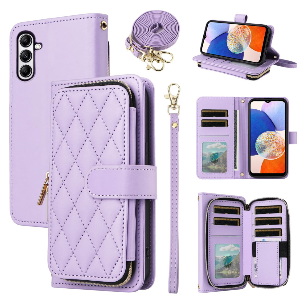 Wallet Case For Samsung Galaxy A54 5G, Detachable Wrist Strap, 9 Card Slots, Zipper Purse, Luxury Pu Leather, Purple 6276012479798