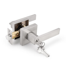 Square Door Lever with Lock and Key Set for Exterior Interior Doors in Satin Nickel Finish, Durable and Sleek Design