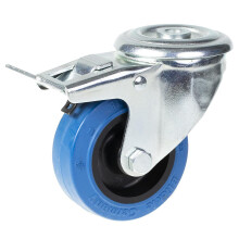 Rueda giratoria/freno de 80 mm con goma elástica azul sobre rueda central de nailon