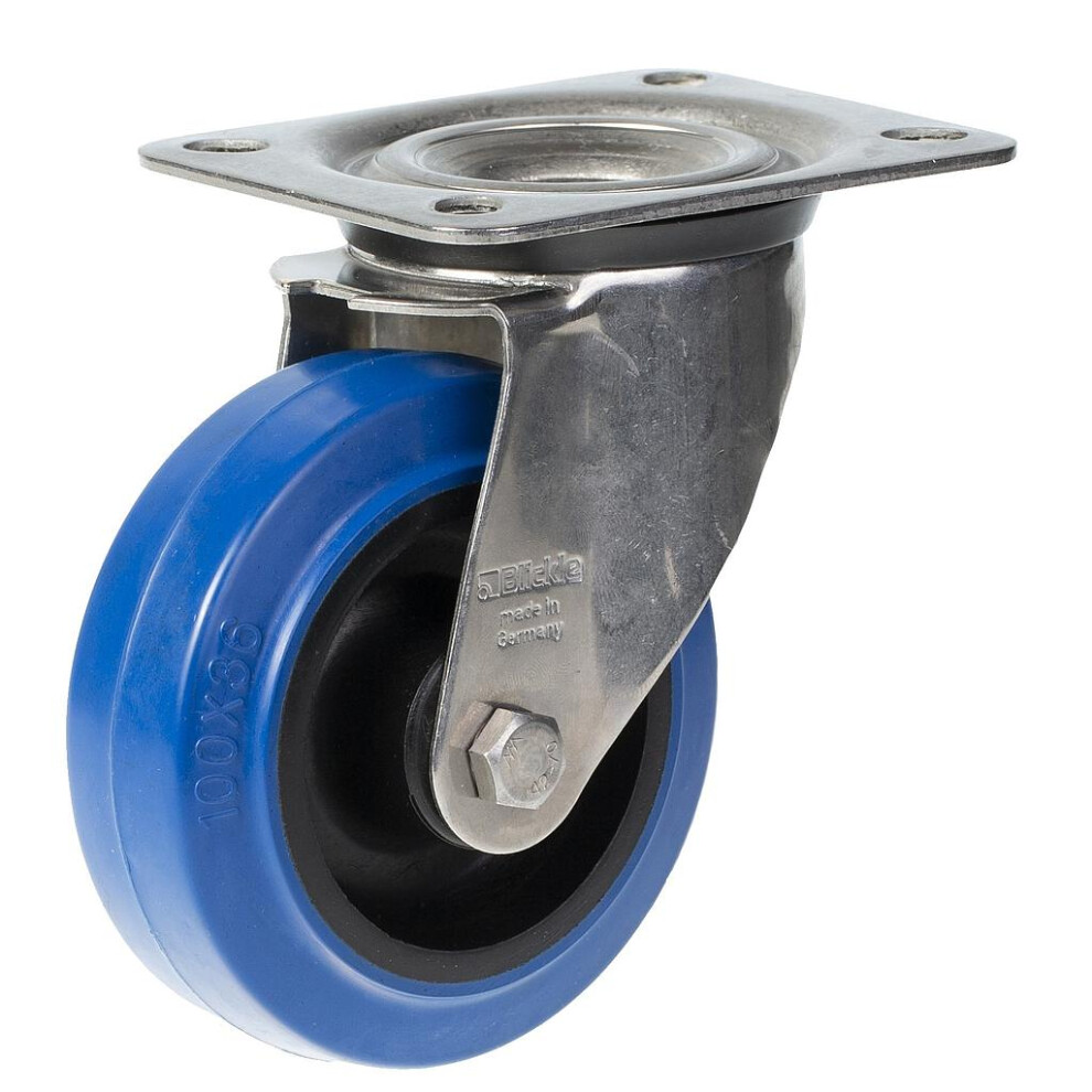 Parnells 100Mm Stainless Steel Swivel Castor With Elastic Rubber On Nylon Centre Whe Blue