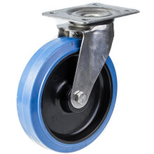 Rueda giratoria de acero inoxidable de 200 mm con goma elástica azul sobre rueda central de nailon
