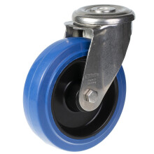 Rueda giratoria de acero inoxidable de 125 mm con goma elástica azul sobre rueda central de nailon