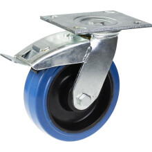 Rueda giratoria/freno de 125 mm con goma elástica azul sobre rueda central de nailon